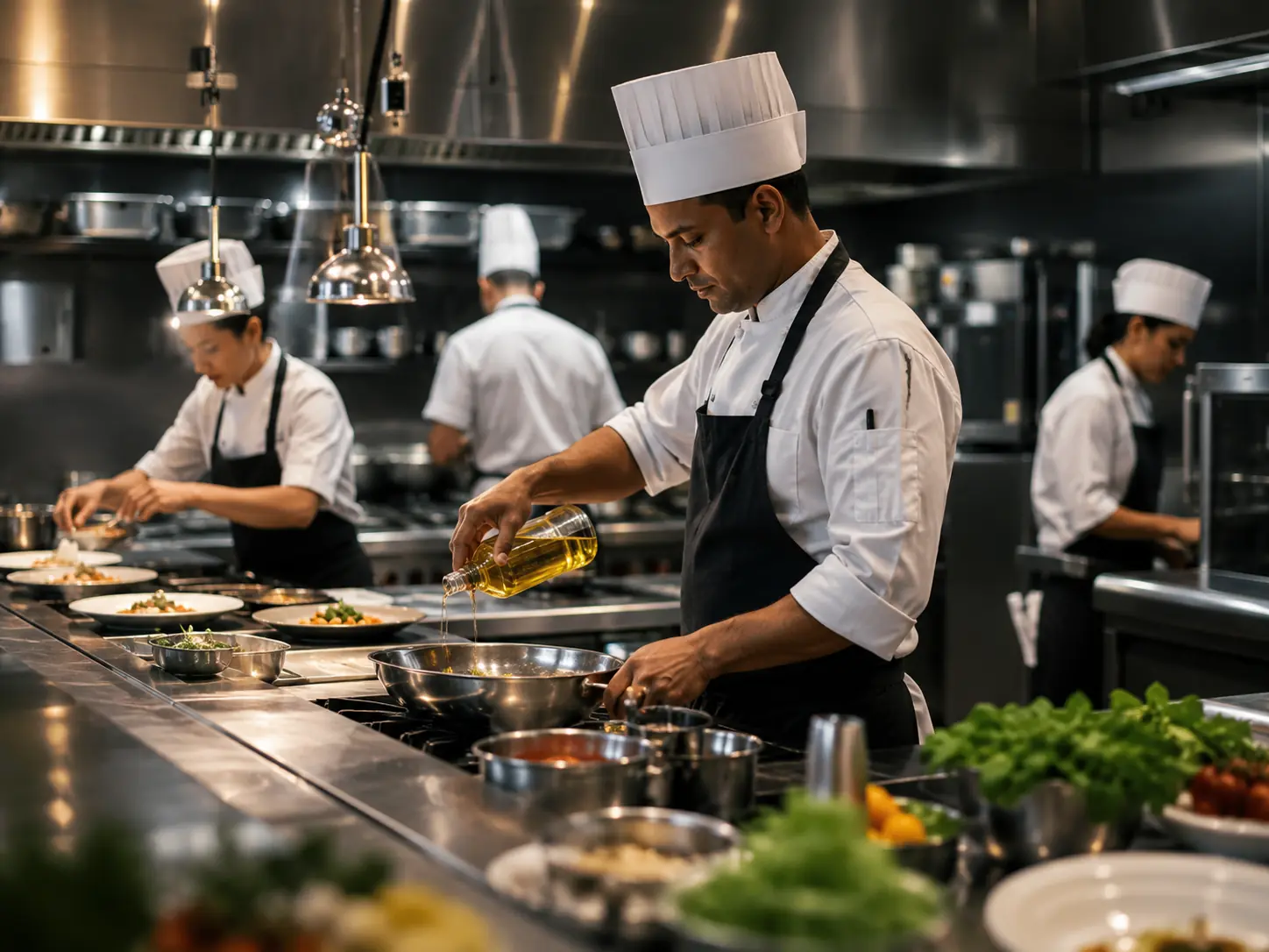 Professional kitchen team cooking with sunflower oil