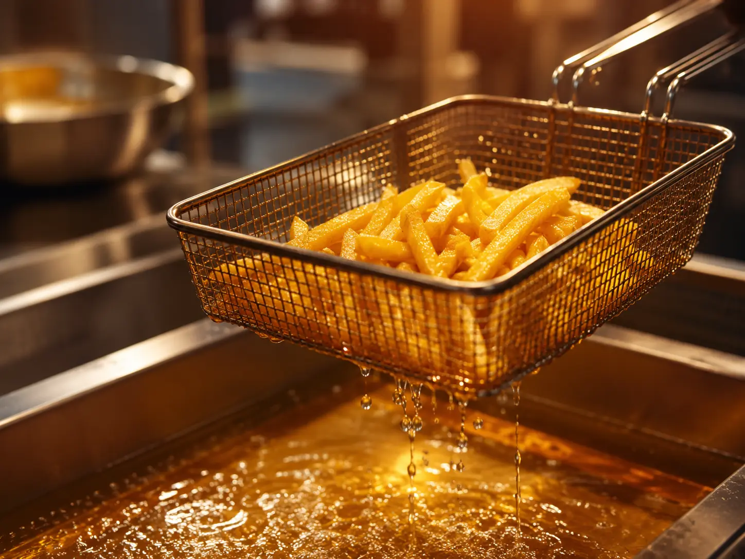 Deep frying basket lifted from hot sunflower oil