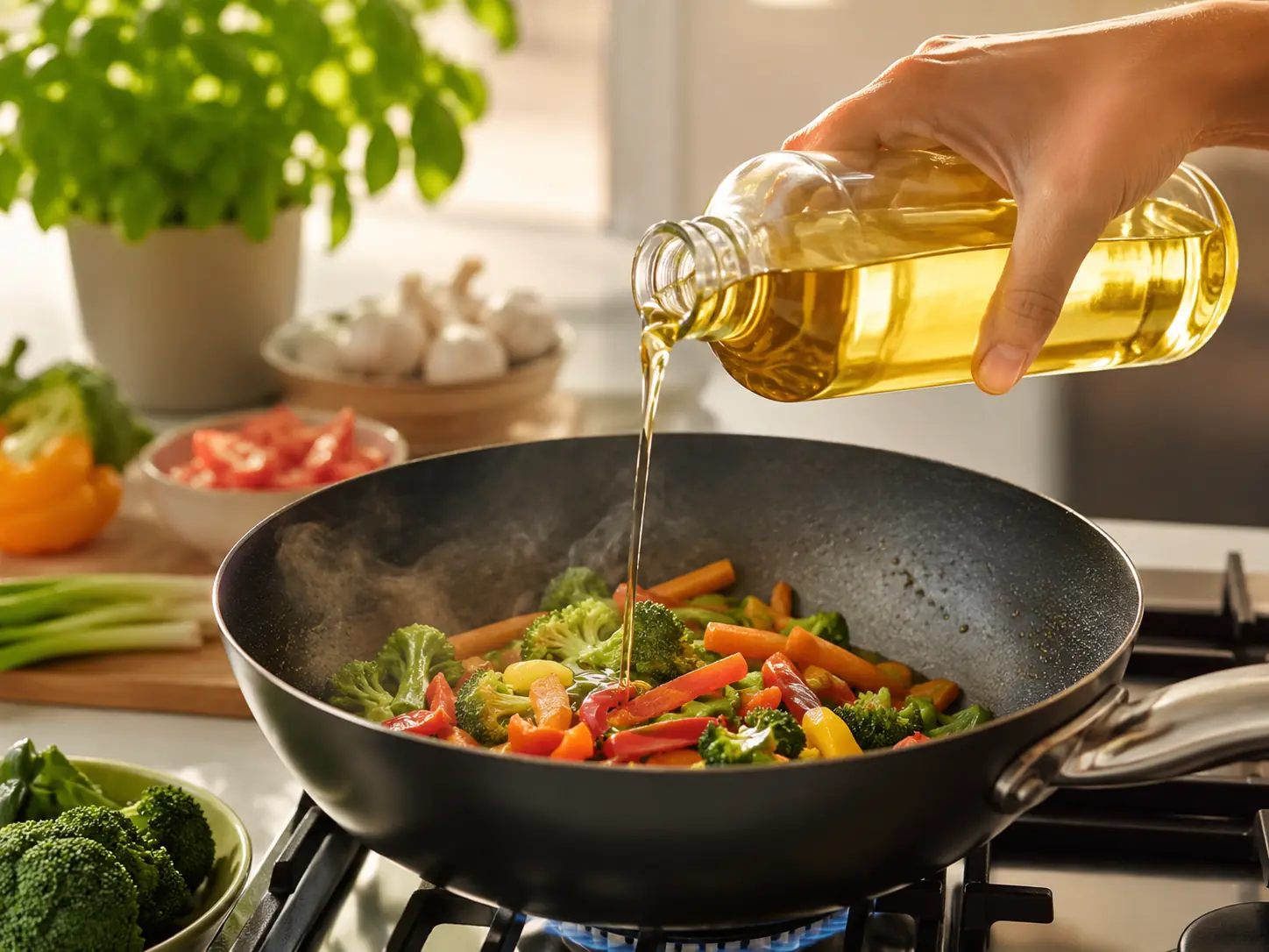 Home cook pouring sunflower oil into a pan