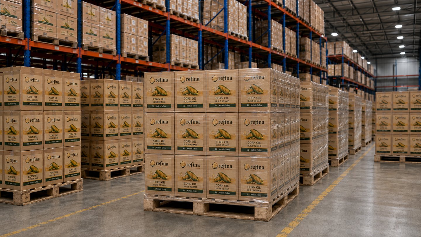 Palletized Refina corn oil prepared for distribution and import