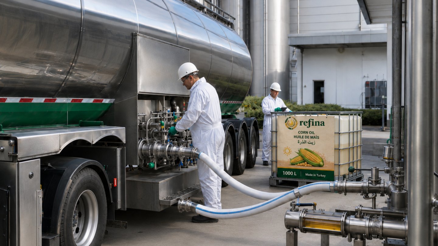 Bulk corn oil transfer operation using a tanker and IBC