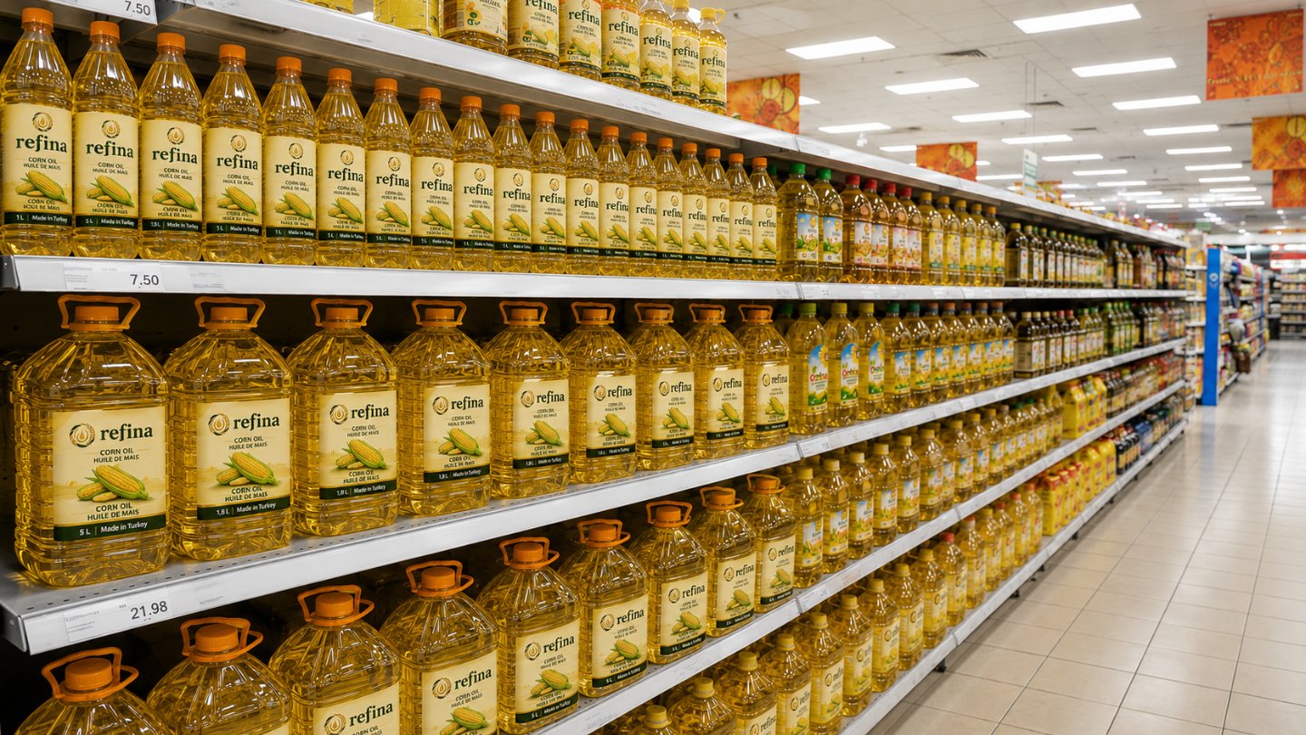 Refina corn oil displayed in a supermarket retail aisle