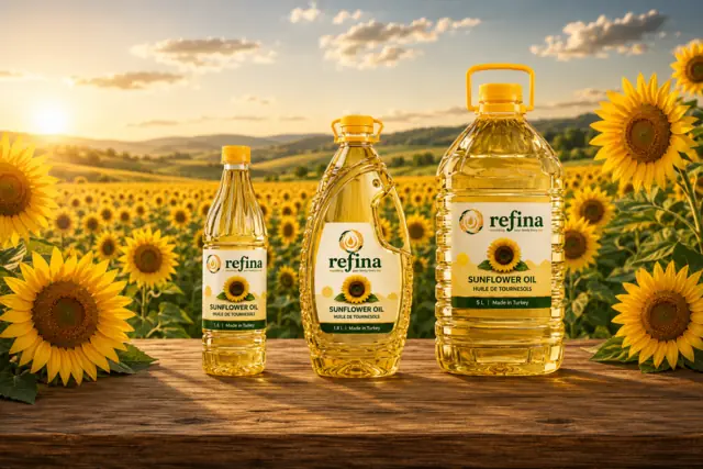 REFINA sunflower oil family in 1 L, 1.8 L and 5 L PET bottles against a sunflower field