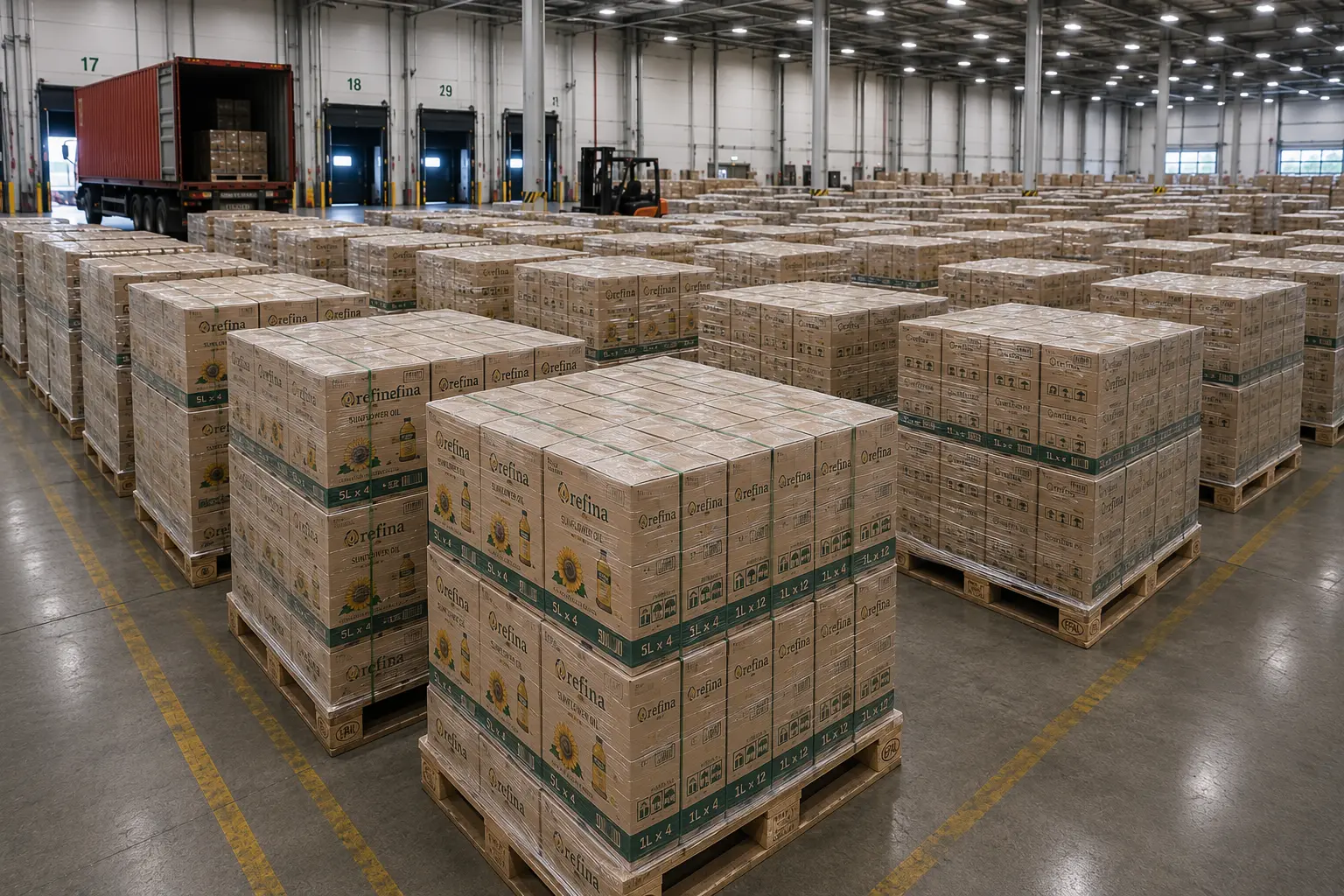Palletized sunflower oil cases prepared for export