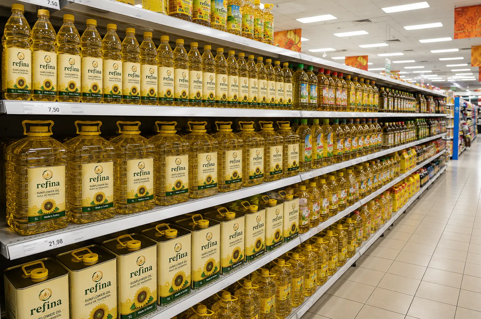 Supermarket shelf stocked with bottled sunflower oil