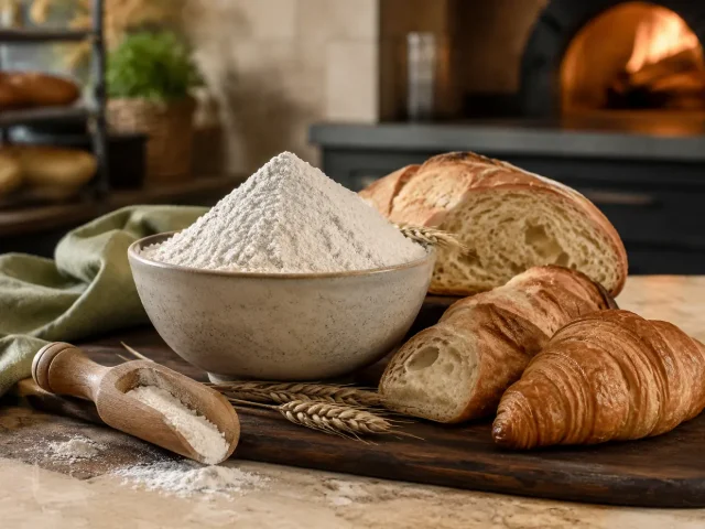 Wheat flour displayed with bread, baguette and croissant applications