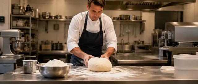 Baker preparing dough with flour in a professional kitchen