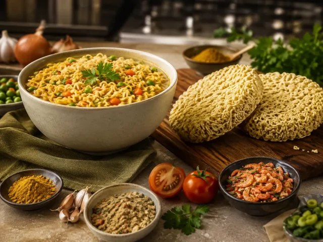 Instant noodle bowl, dry noodle cakes and selected flavor ingredients