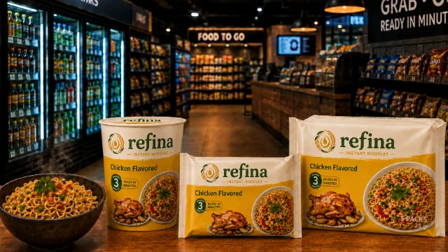Retail instant noodles on store shelves