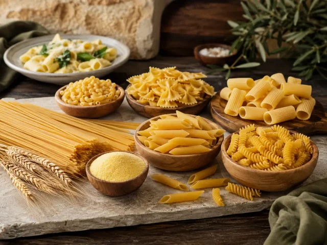 Assortment of dry pasta shapes with durum semolina and wheat