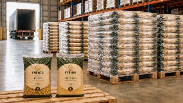 Palletized cartons in a distribution warehouse prepared for loading