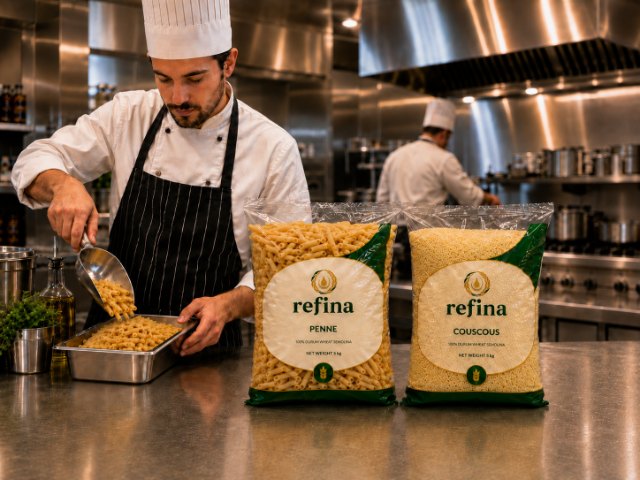 Professional kitchen preparing pasta for foodservice