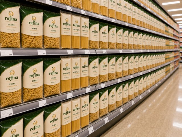 Retail supermarket shelves with packaged pasta