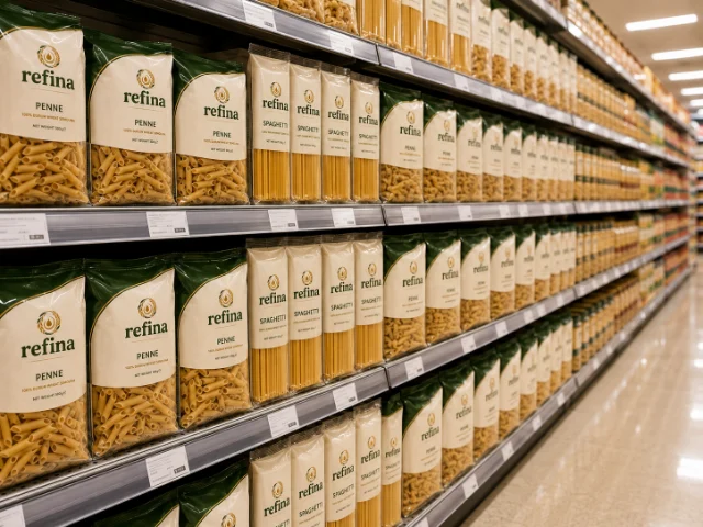 Packaged food products on organized supermarket retail shelves