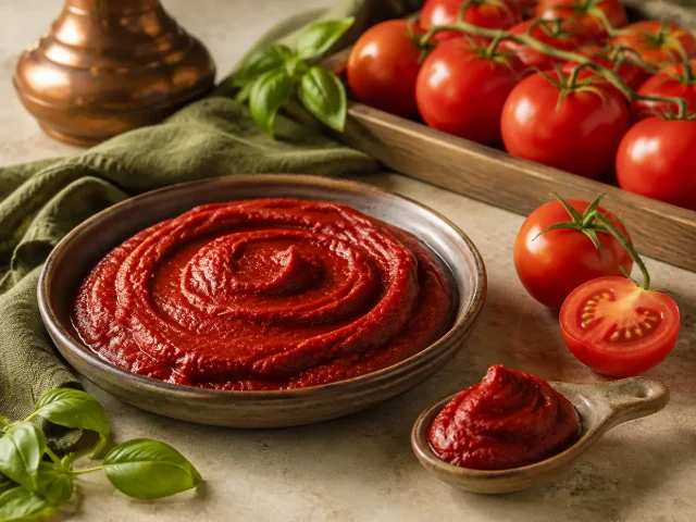 Thick concentrated tomato paste presented with ripe tomatoes and culinary ingredients