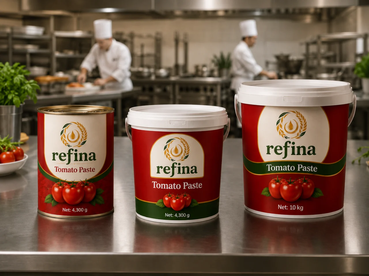 Refina 4.3 KG tin and pails on a professional kitchen counter