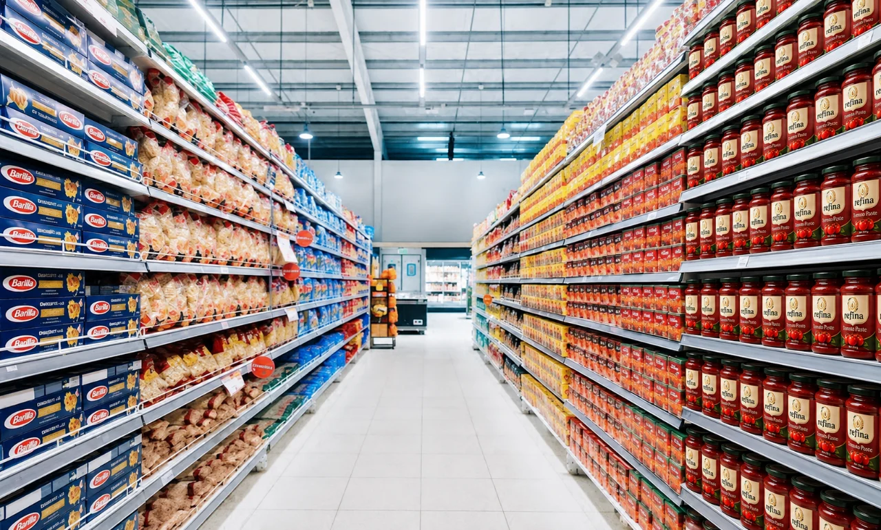 Refina tomato paste jars and cans lining a supermarket aisle