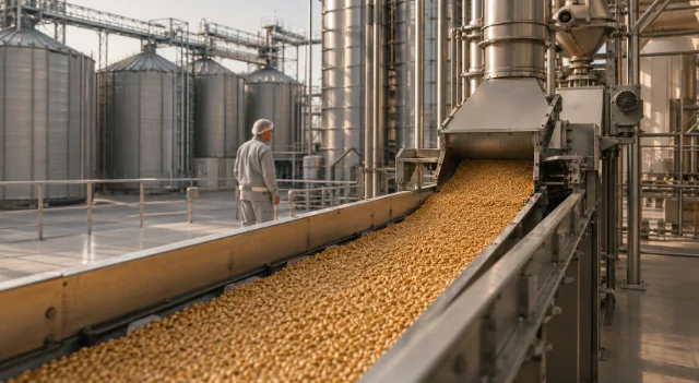 Wheat conveyor system at flour mill with silos