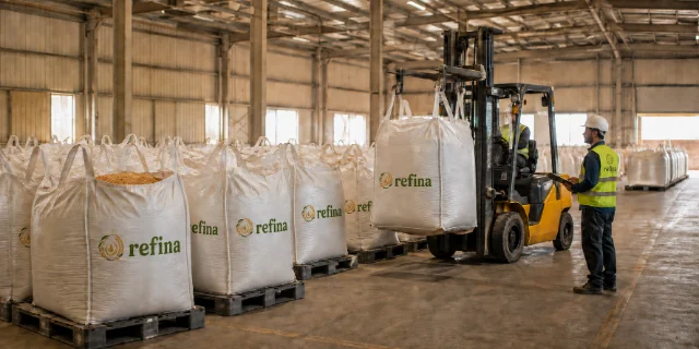 Palletized 1 MT big bags of wheat handled in a bulk storage warehouse