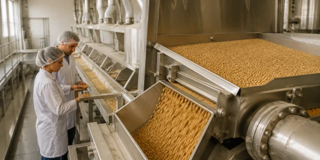 Industrial grain processing line with quality control in food manufacturing