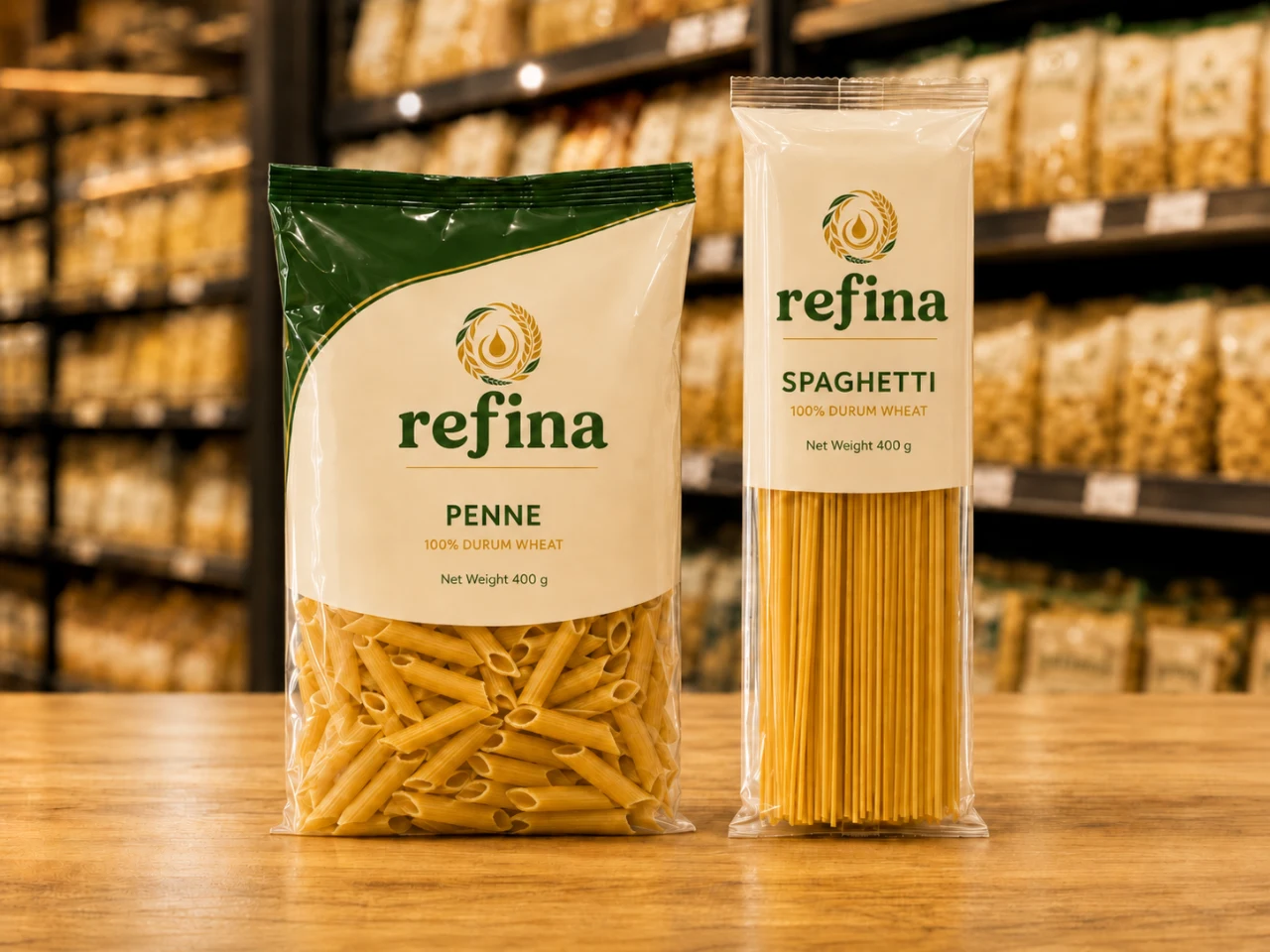 Refina penne and spaghetti retail packs on a supermarket shelf