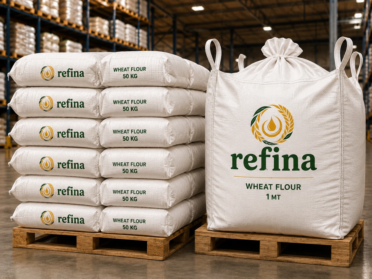 Refina wheat flour in 50 KG sacks and a 1 MT big bag on pallets